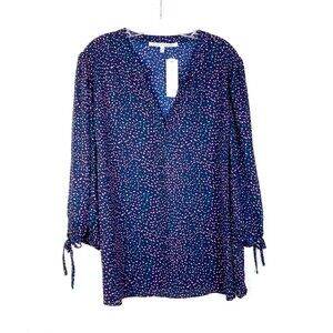 Collective Concepts Womens V-Neck Tunic Top Size 3X Blue Confetti 3/4 Tie Sleeve